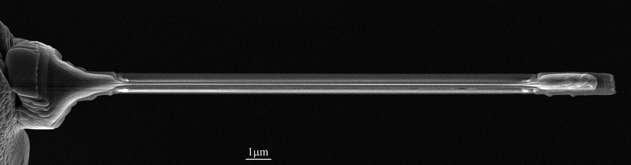 mittels fokusiertem Ionenstrahl präparierte elektronentransparente Folie in Ansicht von oben